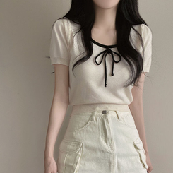 ニット 配色Uネックリボンサマー半袖ニットTシャツ IVORY