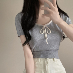 ニット 配色Uネックリボンサマー半袖ニットTシャツ GRAY