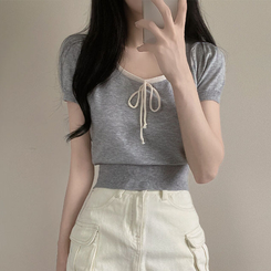 ニット 配色Uネックリボンサマー半袖ニットTシャツ GRAY