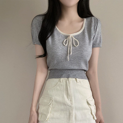 ニット 配色Uネックリボンサマー半袖ニットTシャツ GRAY