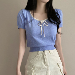 ニット 配色Uネックリボンサマー半袖ニットTシャツ AQUA