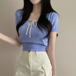 ニット 配色Uネックリボンサマー半袖ニットTシャツ AQUA