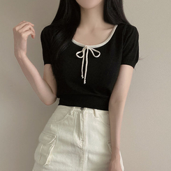 ニット 配色Uネックリボンサマー半袖ニットTシャツ BLACK