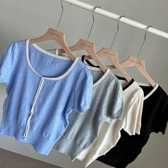 ニット 配色Uネックリボンサマー半袖ニットTシャツ