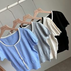 ニット 配色Uネックリボンサマー半袖ニットTシャツ