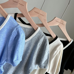 ニット 配色Uネックリボンサマー半袖ニットTシャツ