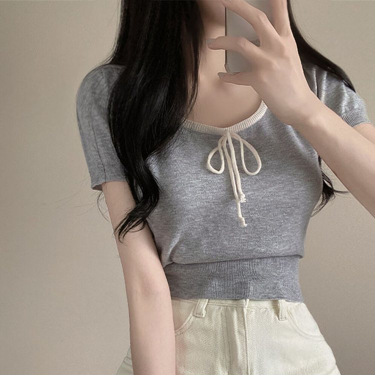 配色Uネックリボンサマー半袖ニットTシャツ GRAY