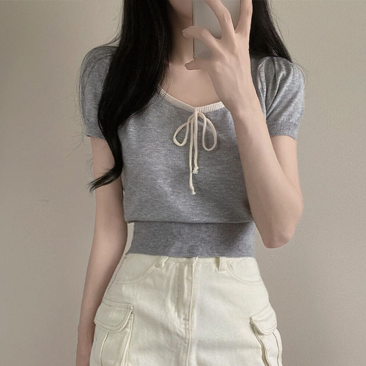 配色Uネックリボンサマー半袖ニットTシャツ GRAY