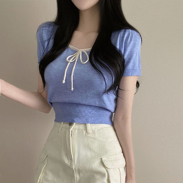 配色Uネックリボンサマー半袖ニットTシャツ AQUA