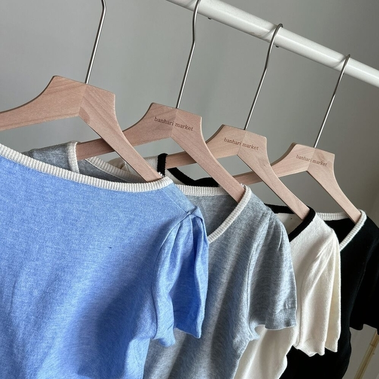ニット 配色Uネックリボンサマー半袖ニットTシャツ