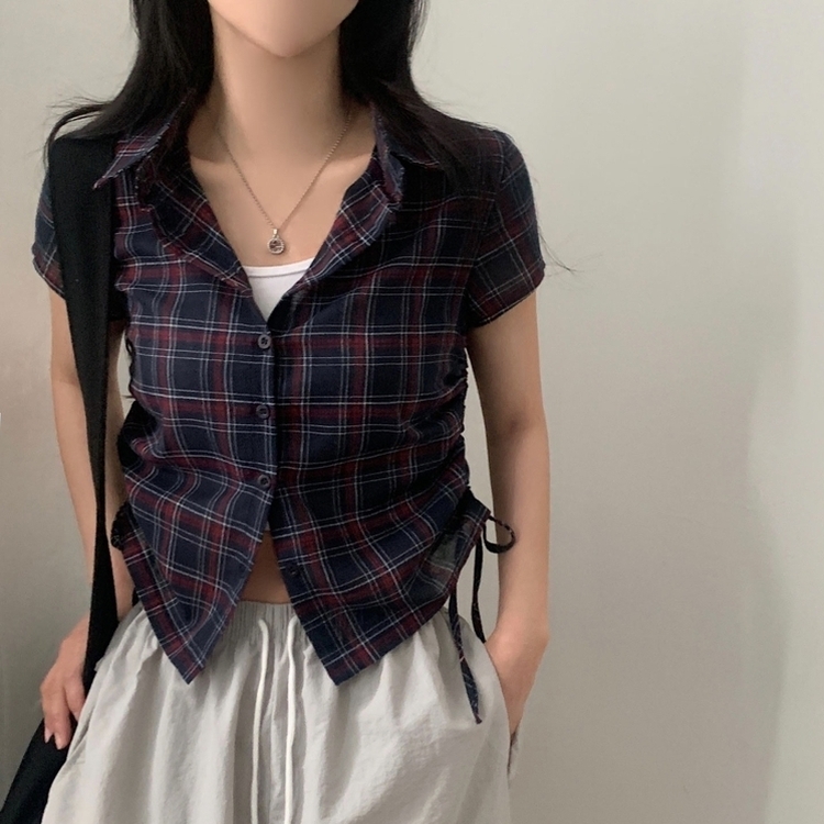 로빈 빈티지 스트링 체크 반팔 셔링남방셔츠 2color 네이비