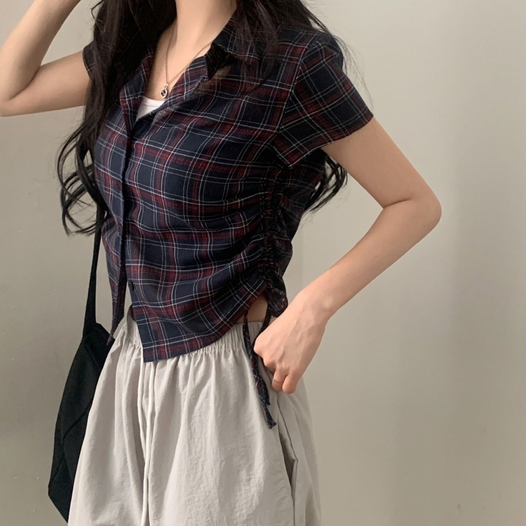 로빈 빈티지 스트링 체크 반팔 셔링남방셔츠 2color 네이비