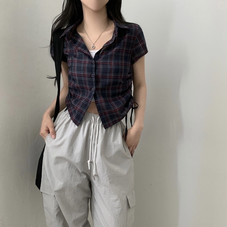 로빈 빈티지 스트링 체크 반팔 셔링남방셔츠 2color 네이비