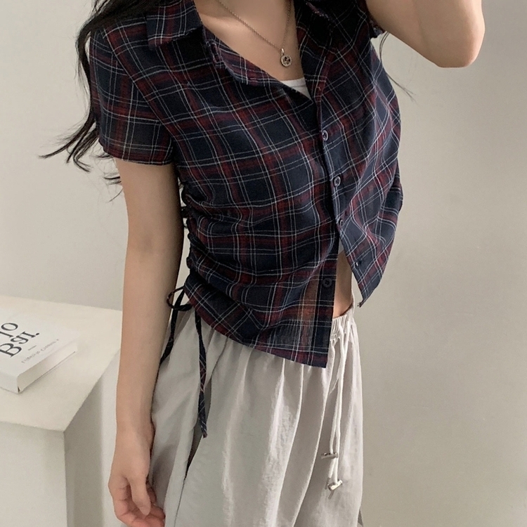 로빈 빈티지 스트링 체크 반팔 셔링남방셔츠 2color 네이비