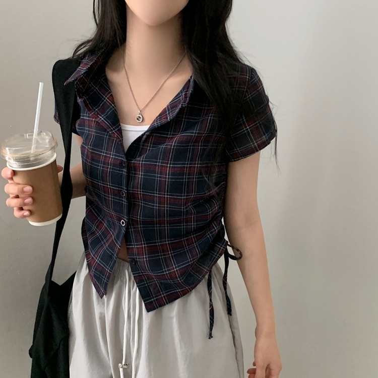 로빈 빈티지 스트링 체크 반팔 셔링남방셔츠 2color 네이비