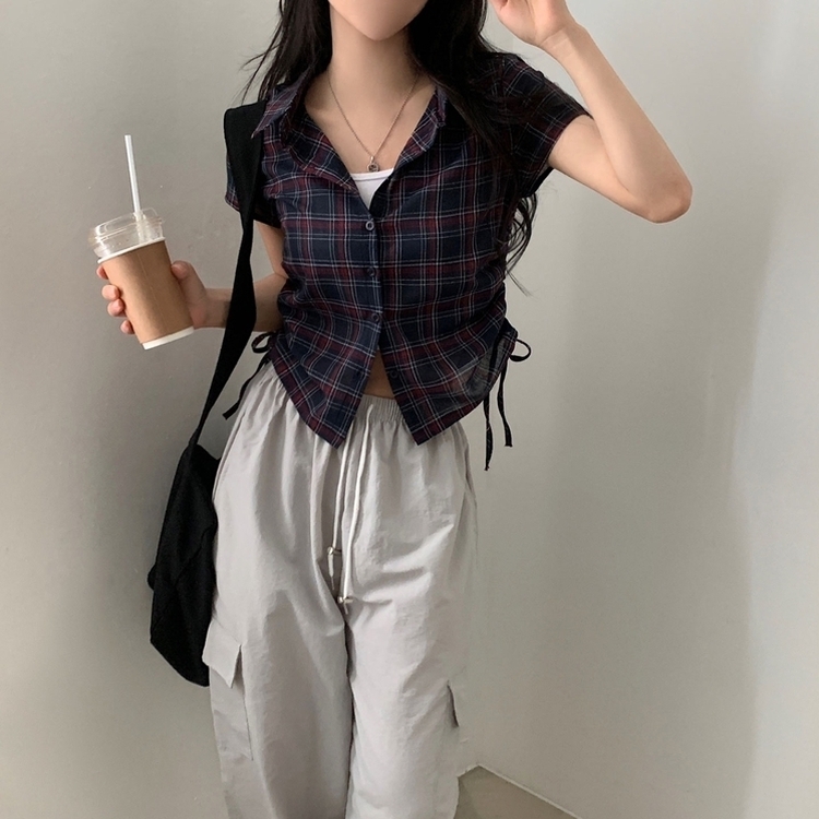 로빈 빈티지 스트링 체크 반팔 셔링남방셔츠 2color 네이비