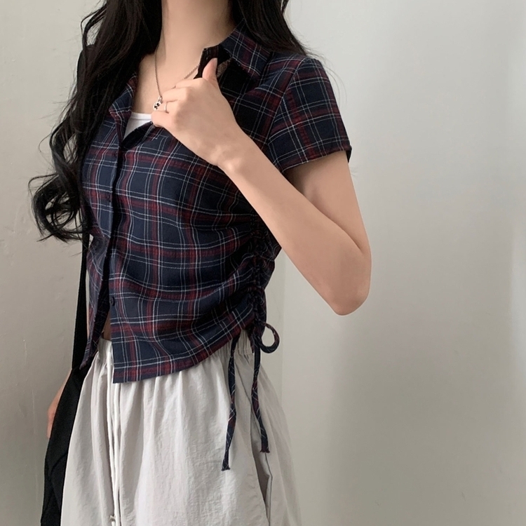 로빈 빈티지 스트링 체크 반팔 셔링남방셔츠 2color 네이비