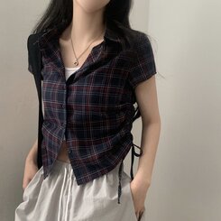 ビンテージストリングチェック半袖シャーリングシャツ NAVY