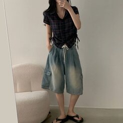 ビンテージストリングチェック半袖シャーリングシャツ NAVY