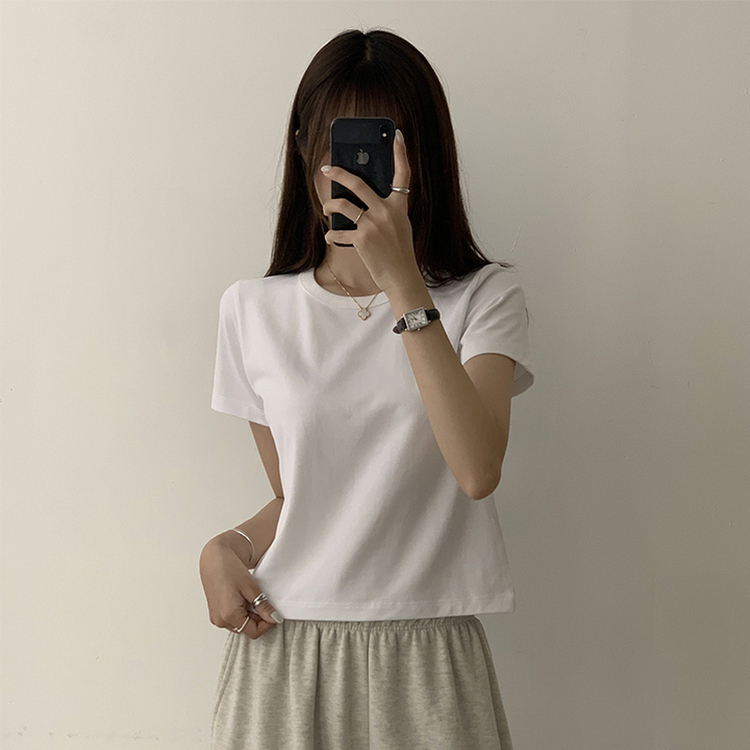 리아니 여름 라운드 면 데일리 무지 세미 크롭 반팔 티셔츠 7color 화이트