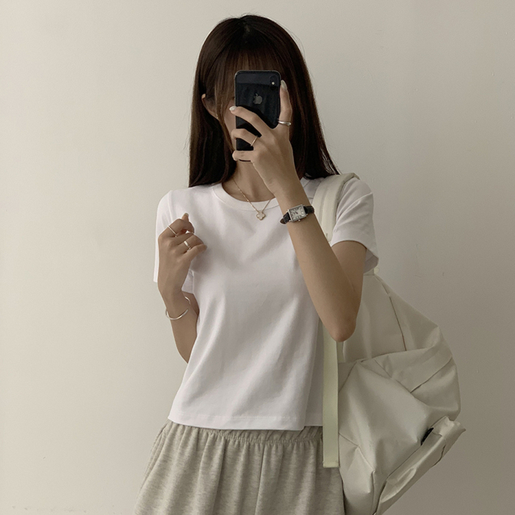 리아니 여름 라운드 면 데일리 무지 세미 크롭 반팔 티셔츠 7color 화이트