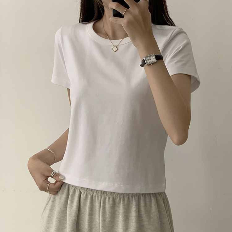 리아니 여름 라운드 면 데일리 무지 세미 크롭 반팔 티셔츠 7color 화이트