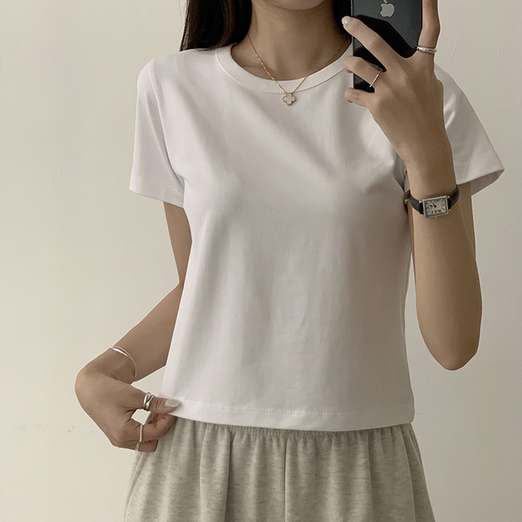 리아니 여름 라운드 면 데일리 무지 세미 크롭 반팔 티셔츠 7color 화이트