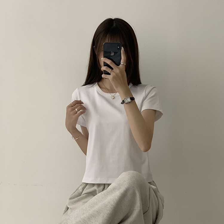 리아니 여름 라운드 면 데일리 무지 세미 크롭 반팔 티셔츠 7color 화이트