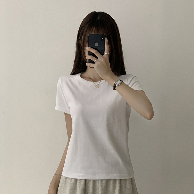리아니 여름 라운드 면 데일리 무지 세미 크롭 반팔 티셔츠 7color 화이트
