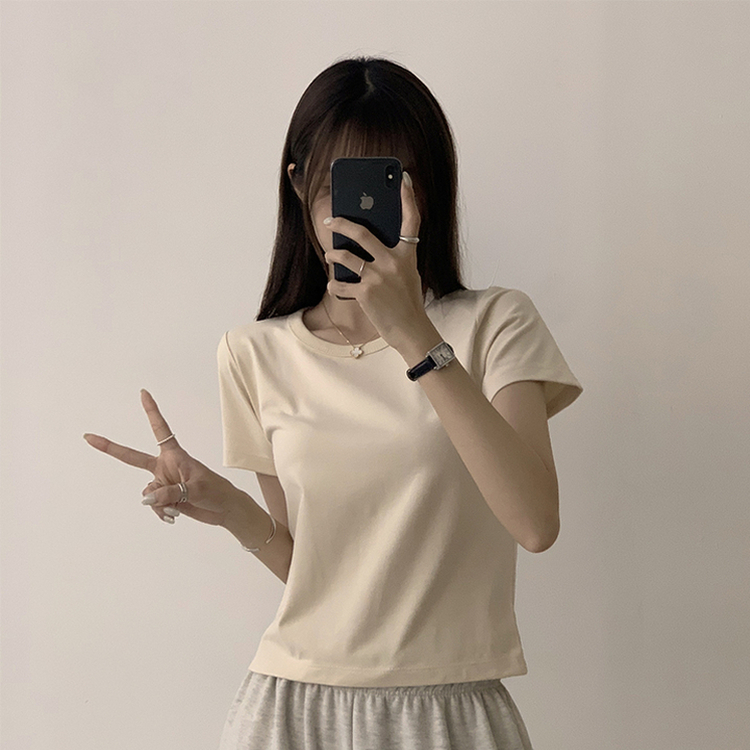 리아니 여름 라운드 면 데일리 무지 세미 크롭 반팔 티셔츠 7color 크림