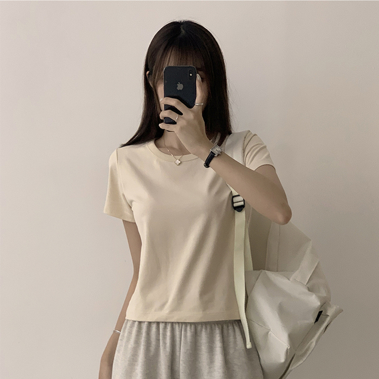 리아니 여름 라운드 면 데일리 무지 세미 크롭 반팔 티셔츠 7color 크림