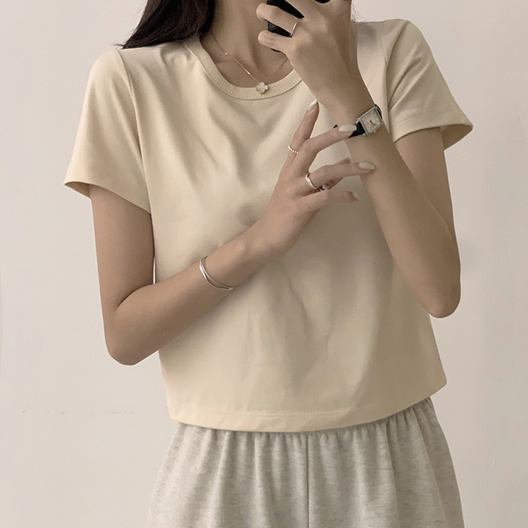 리아니 여름 라운드 면 데일리 무지 세미 크롭 반팔 티셔츠 7color 크림