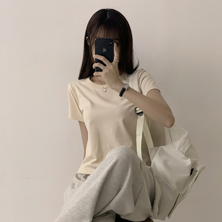 리아니 여름 라운드 면 데일리 무지 세미 크롭 반팔 티셔츠 7color 크림