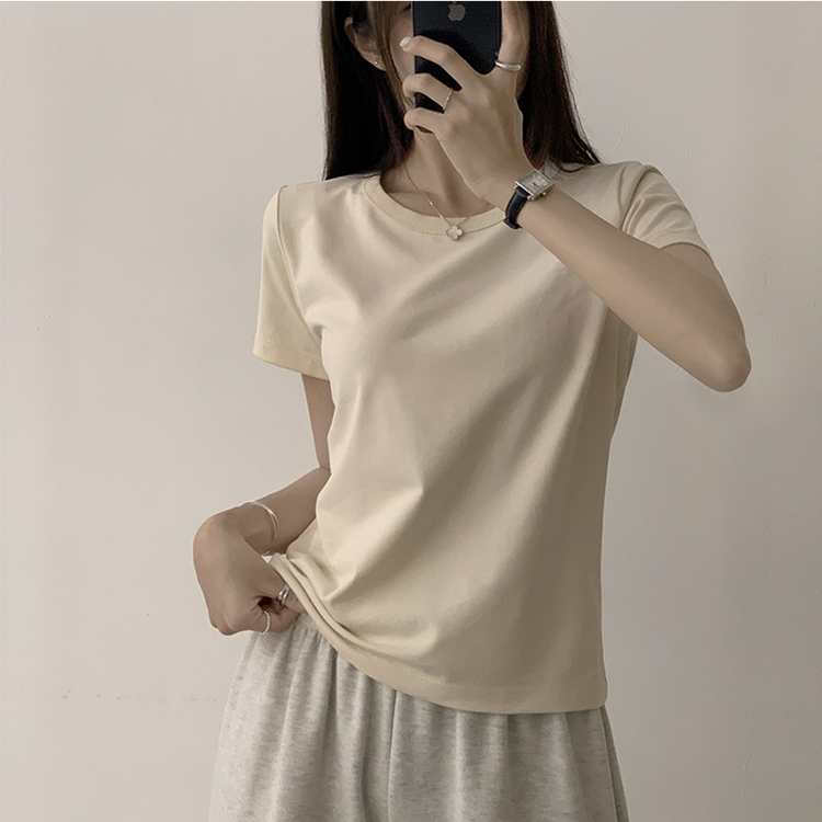 리아니 여름 라운드 면 데일리 무지 세미 크롭 반팔 티셔츠 7color 크림