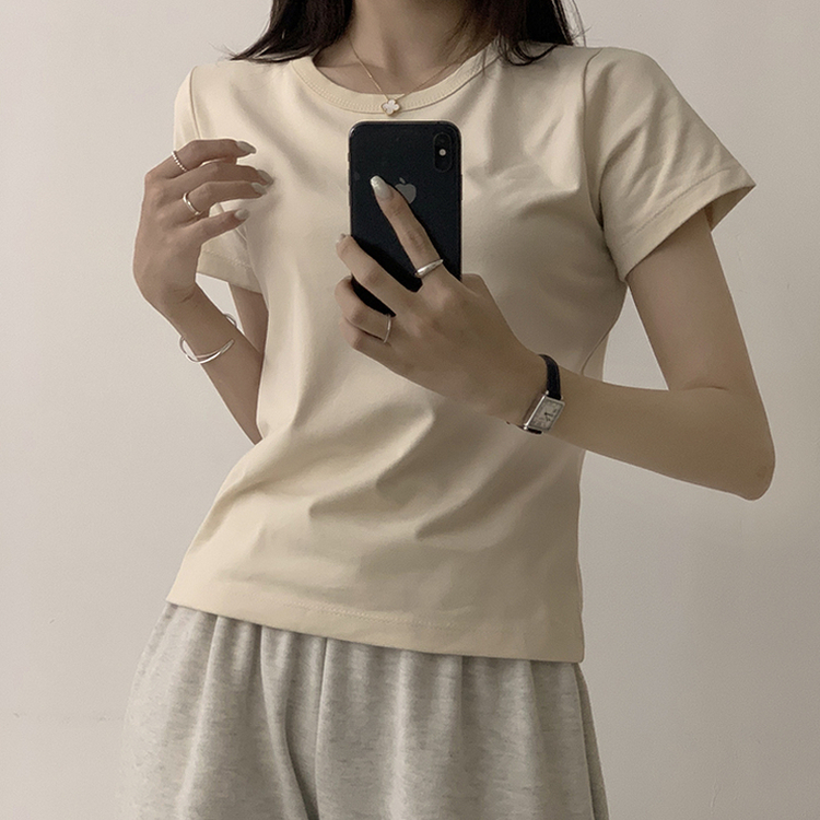 리아니 여름 라운드 면 데일리 무지 세미 크롭 반팔 티셔츠 7color 크림
