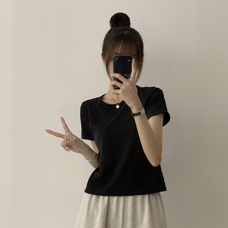 리아니 여름 라운드 면 데일리 무지 세미 크롭 반팔 티셔츠 7color 블랙
