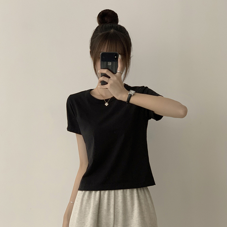 리아니 여름 라운드 면 데일리 무지 세미 크롭 반팔 티셔츠 7color 블랙