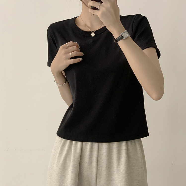 리아니 여름 라운드 면 데일리 무지 세미 크롭 반팔 티셔츠 7color 블랙