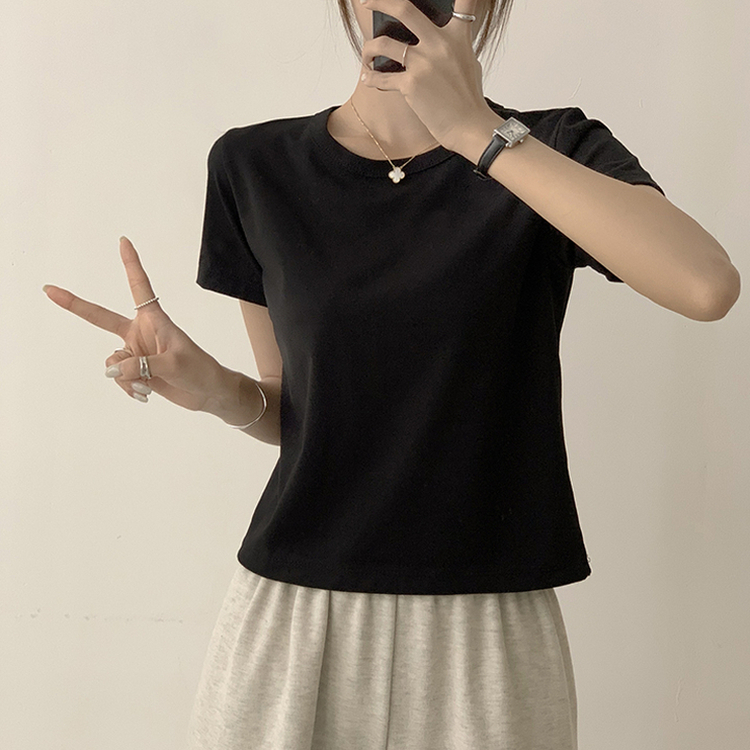 리아니 여름 라운드 면 데일리 무지 세미 크롭 반팔 티셔츠 7color 블랙