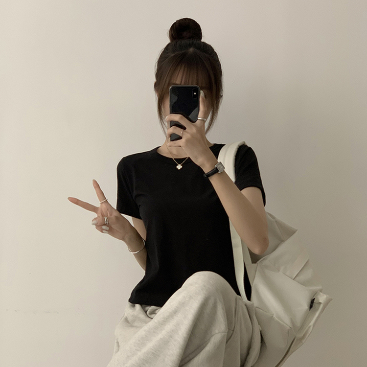 리아니 여름 라운드 면 데일리 무지 세미 크롭 반팔 티셔츠 7color 블랙