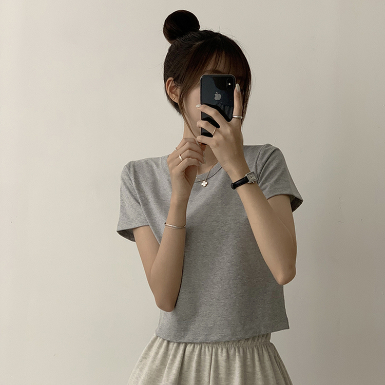 리아니 여름 라운드 면 데일리 무지 세미 크롭 반팔 티셔츠 7color 메란지