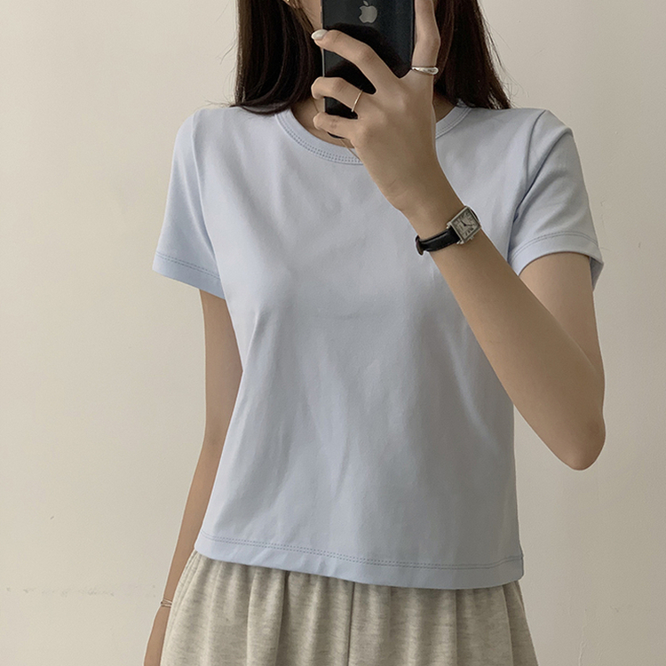 리아니 여름 라운드 면 데일리 무지 세미 크롭 반팔 티셔츠 7color 소라