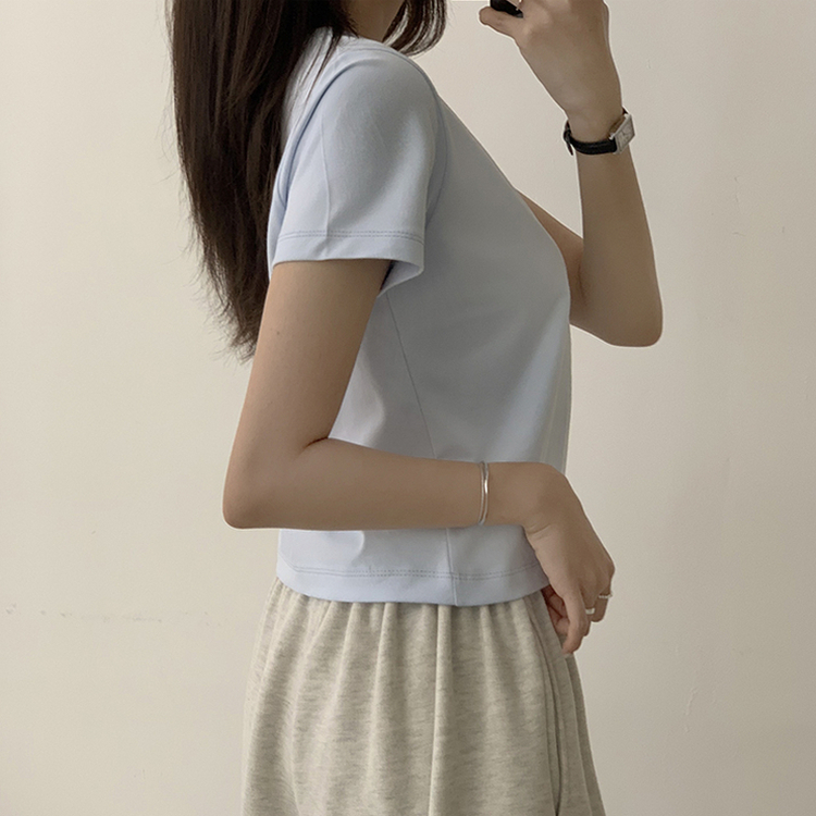 리아니 여름 라운드 면 데일리 무지 세미 크롭 반팔 티셔츠 7color 소라