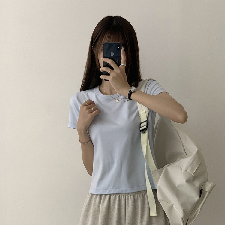리아니 여름 라운드 면 데일리 무지 세미 크롭 반팔 티셔츠 7color 소라