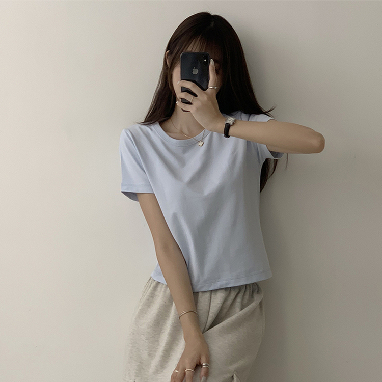 리아니 여름 라운드 면 데일리 무지 세미 크롭 반팔 티셔츠 7color 소라