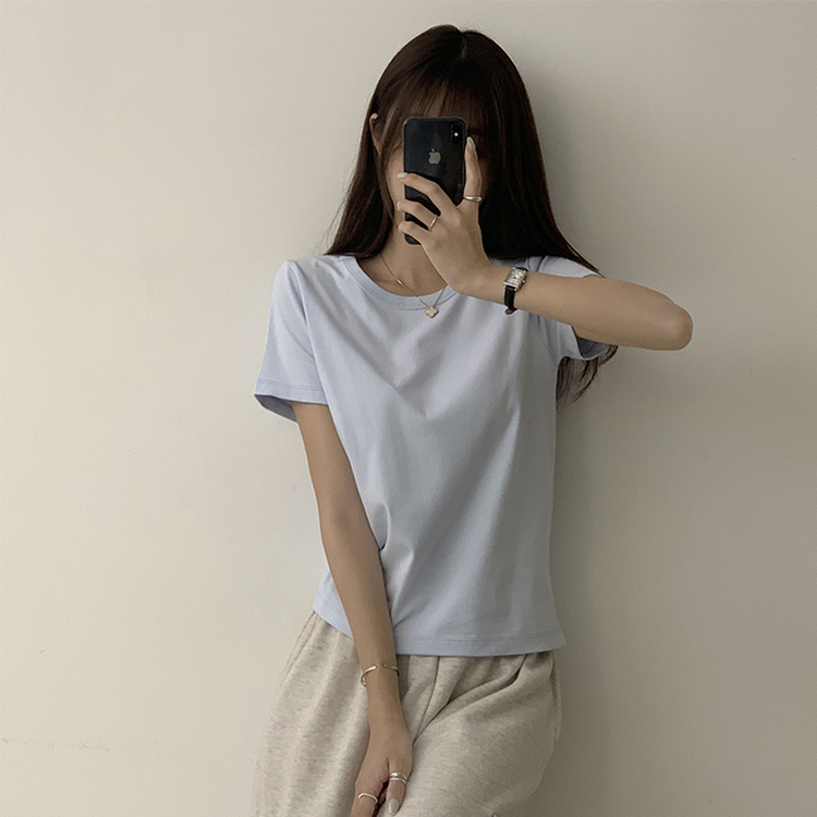 리아니 여름 라운드 면 데일리 무지 세미 크롭 반팔 티셔츠 7color 소라