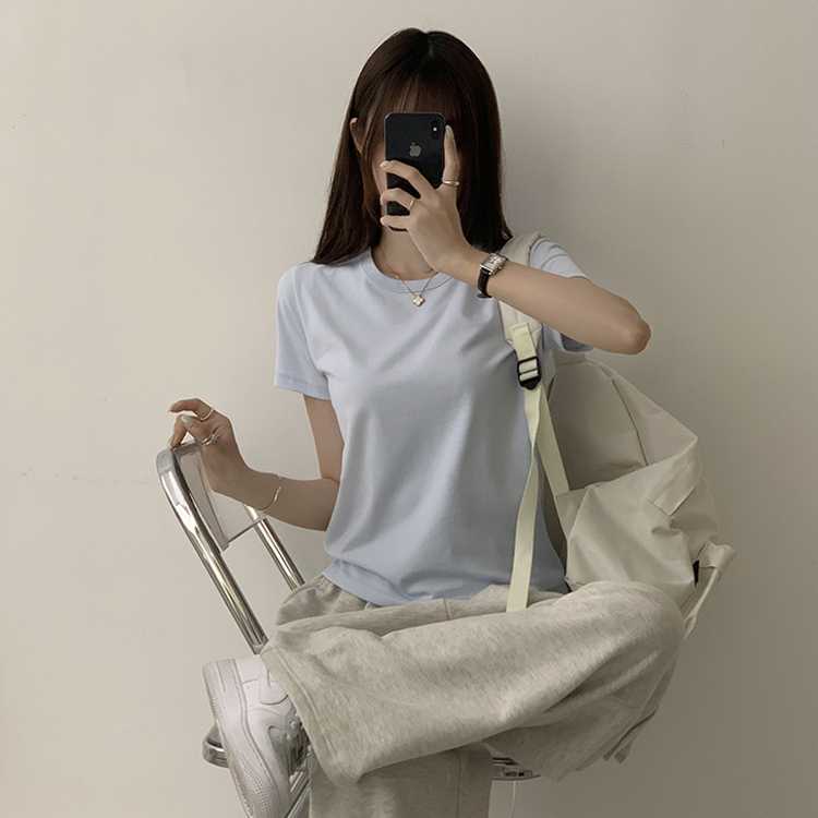 리아니 여름 라운드 면 데일리 무지 세미 크롭 반팔 티셔츠 7color 소라