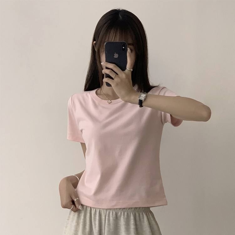 리아니 여름 라운드 면 데일리 무지 세미 크롭 반팔 티셔츠 7color 핑크