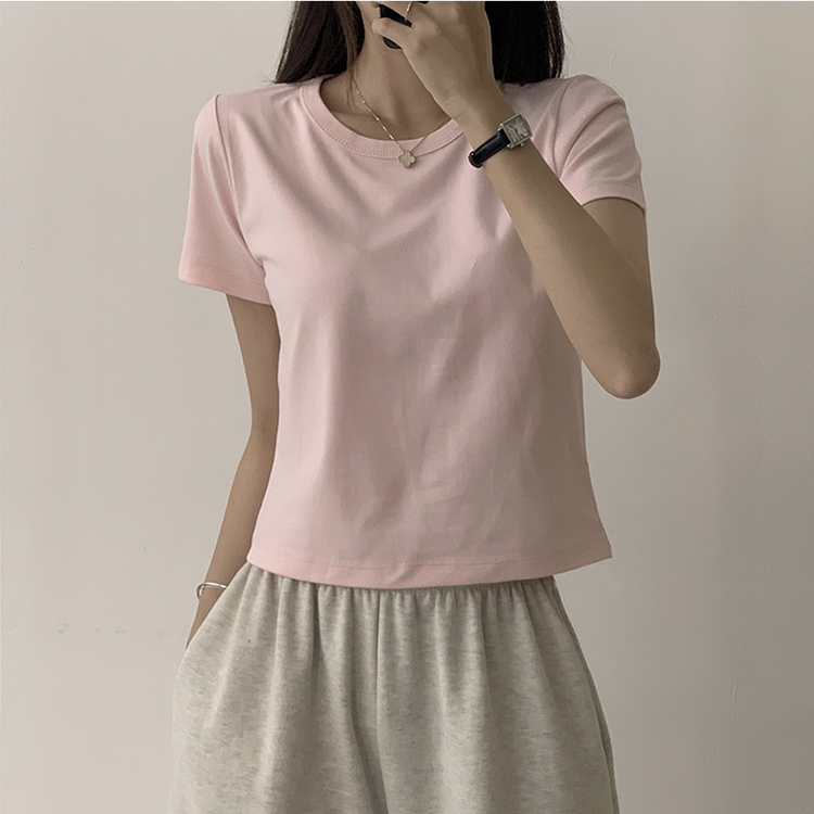 리아니 여름 라운드 면 데일리 무지 세미 크롭 반팔 티셔츠 7color 핑크