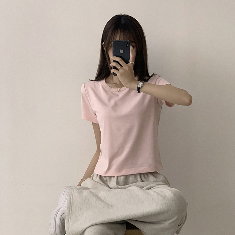 리아니 여름 라운드 면 데일리 무지 세미 크롭 반팔 티셔츠 7color 핑크